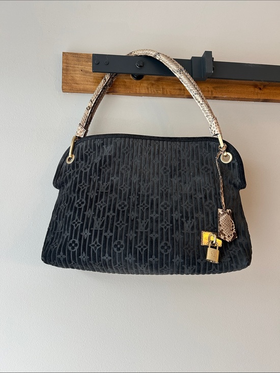Louis Vuitton Handbags - Louis Vuitton Black Monogram Velvet Shoulder Bag with Snakeskin Handle